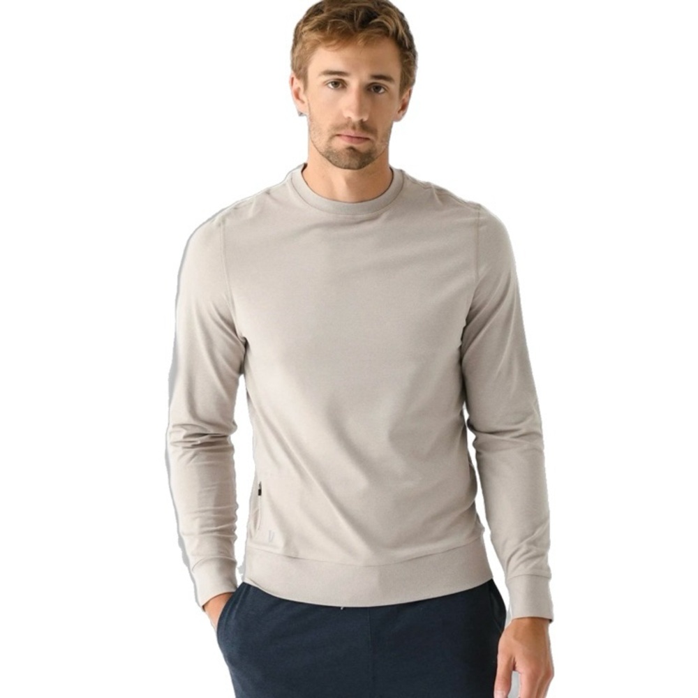 Vuori Men's Ponto Performance Long Sleeve Athletic Crew, Sand Brown size Small